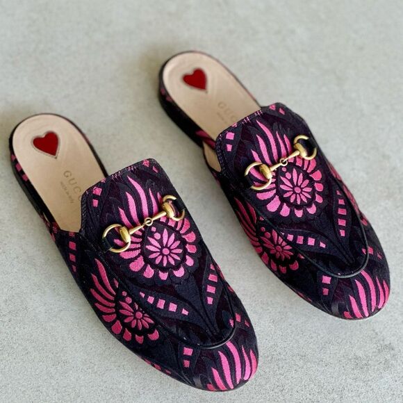 Gucci Princetown Flat Mules Black&Pink Printed Fabric Size 37 - Picture 1 of 11